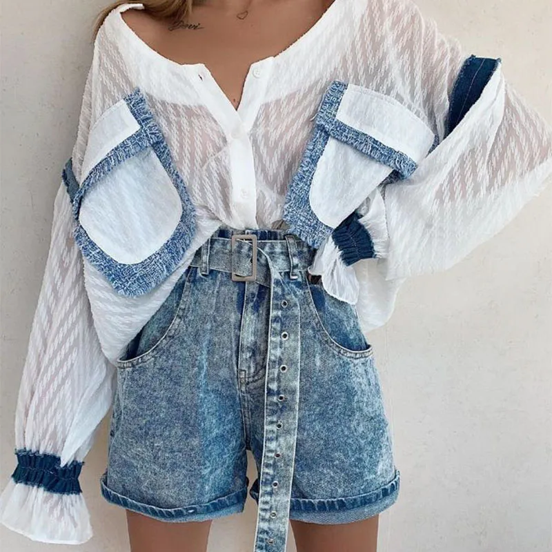 

Tweed tassel patchwork women blouse short Lantern sleeve oversized ladies top shirt Casual streetwear female top shirt