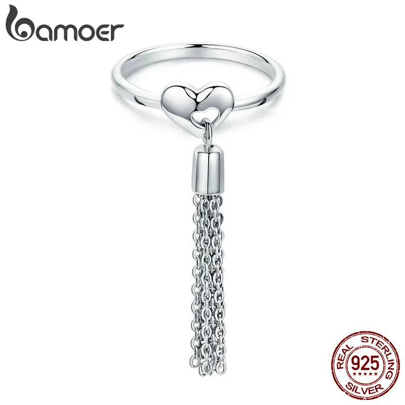 BAMOER Genuine 100% 925 Sterling Silver Finger Long Chain Tassel in Heart Rings for Women Authentic Silver Jewelry Gift SCR320