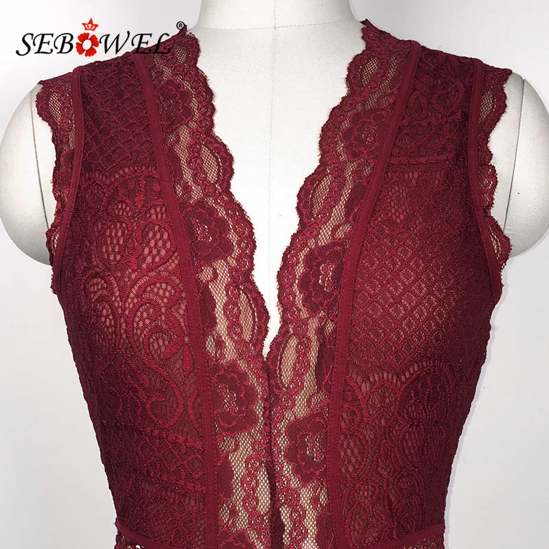 SEBOWEL Sexy Black/Red/White Sleeveless Lace Bodysuit Women Deep-V Hollow-out Bodysuits Feminine Transparent Bodycon Body Tops