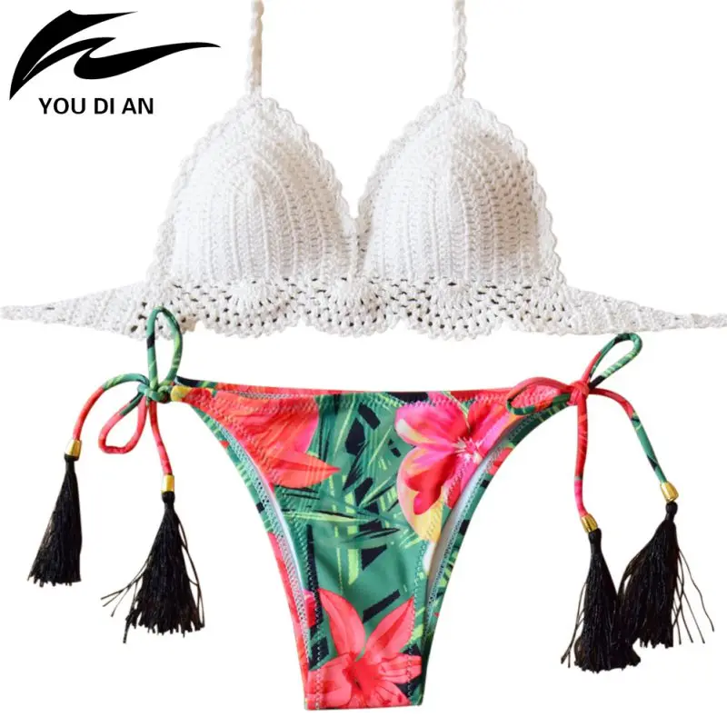Women Crochet Sexy Pure Handmade Lotus Leaf Ear Halter Swimwear Floral Print Biquini Low Waist