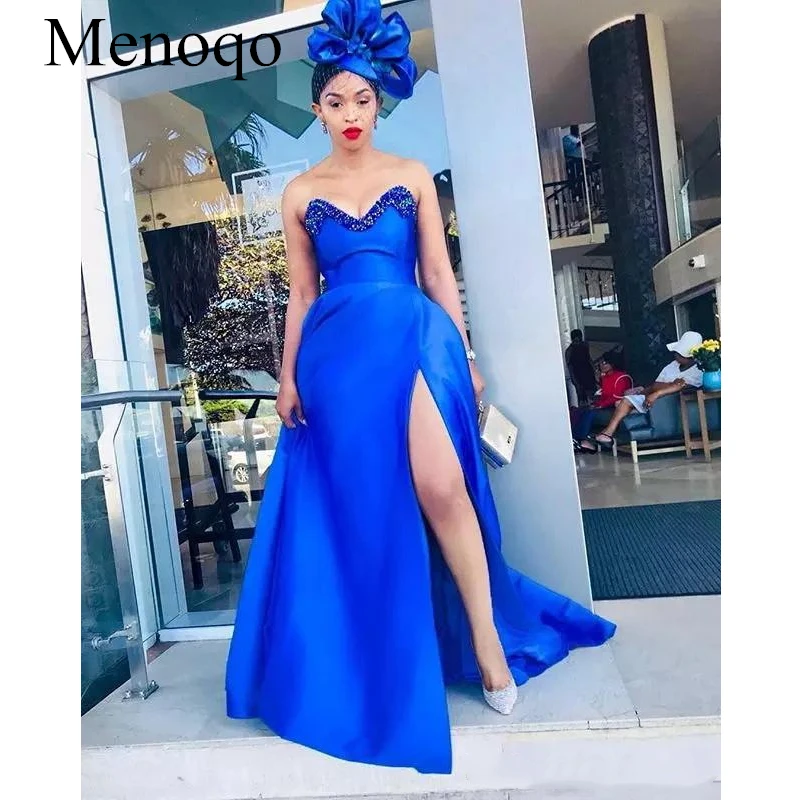 Menoqo, королевское синее милое вечернее платье,, сексуальное, с высоким разрезом, атласное, длина до пола, арабское, для женщин, официальная одежда, Vestidos