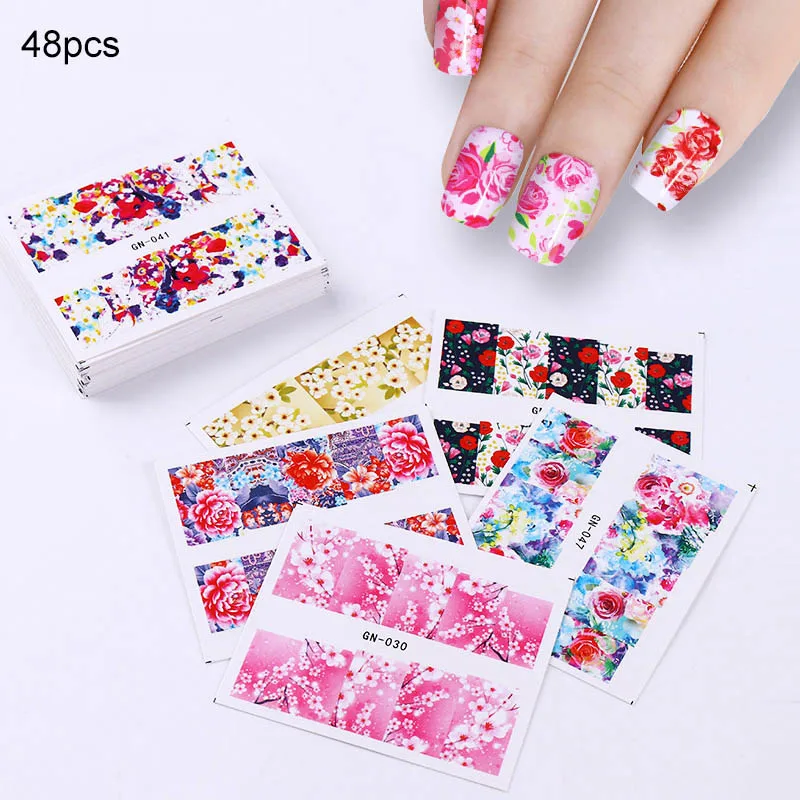 55/50/48/30/24pcs жидкость для Стикеры летние яркие разноцветные дизайнерские наклейки переводятся при помощи воды и цветочной окраской/перо Нейл-арт Декор Красота советы - Цвет: 48pcs