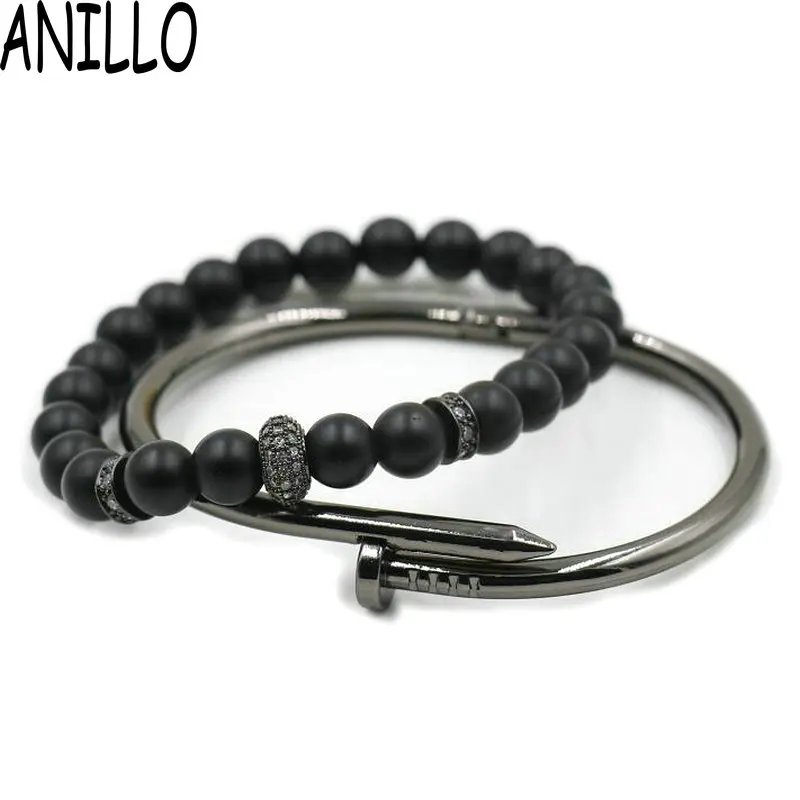 

ANILLO 2pcs/set Men Natural Stone Bead Bracelet Matte Stone Charm Nail Bangle Man Punk Bracelet