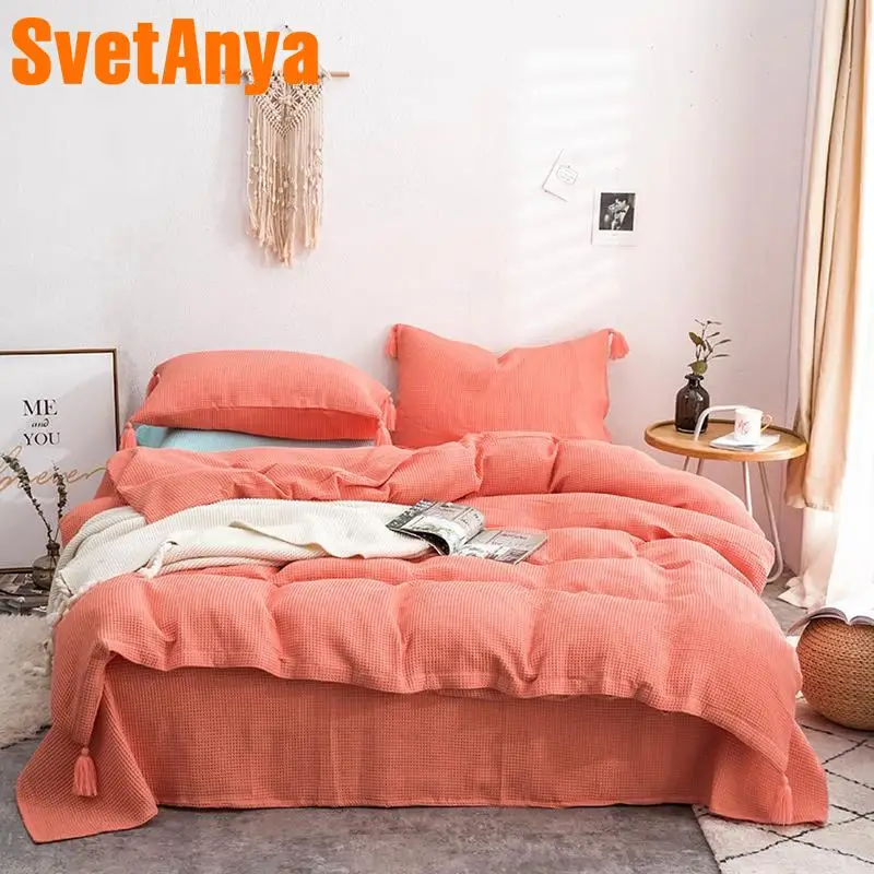 

Svetanya waffle Lattice Cotton Bedclothes Button Tassel home Bedding set (flat sheet pillowcase Duvet Cover)