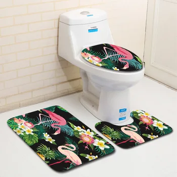 

High-definition Printing and Dyeing Flamingo Bathroom Anti-slip Mat Toilet Cover Pad Water Does Not Fade Bath Mat Rug 3Pcs/Set