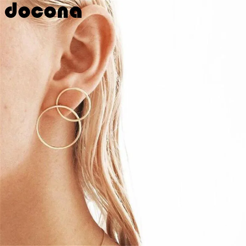 

docona Punk Gold Silver Double Round Stud Earring for Women Metal Large Circle Studs Earring Party Jewelry Pendientes 6504