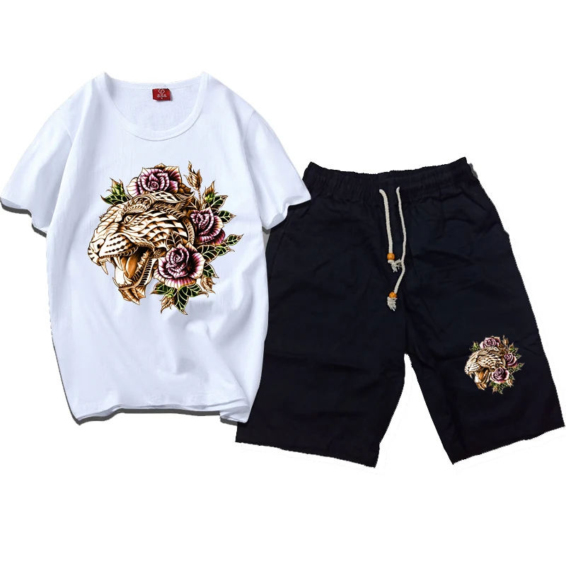

Men Summer Casual Sport Tiger Print Floral White T Shirt Top Tee Suit Sets Black Pants