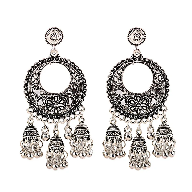 OIQUEI Boho винтажные индийские Jhumka Большие колокольчики с кисточками Висячие серьги для женщин этнические Цветочные Резные массивные серьги ювелирные изделия - Окраска металла: HXE103-2