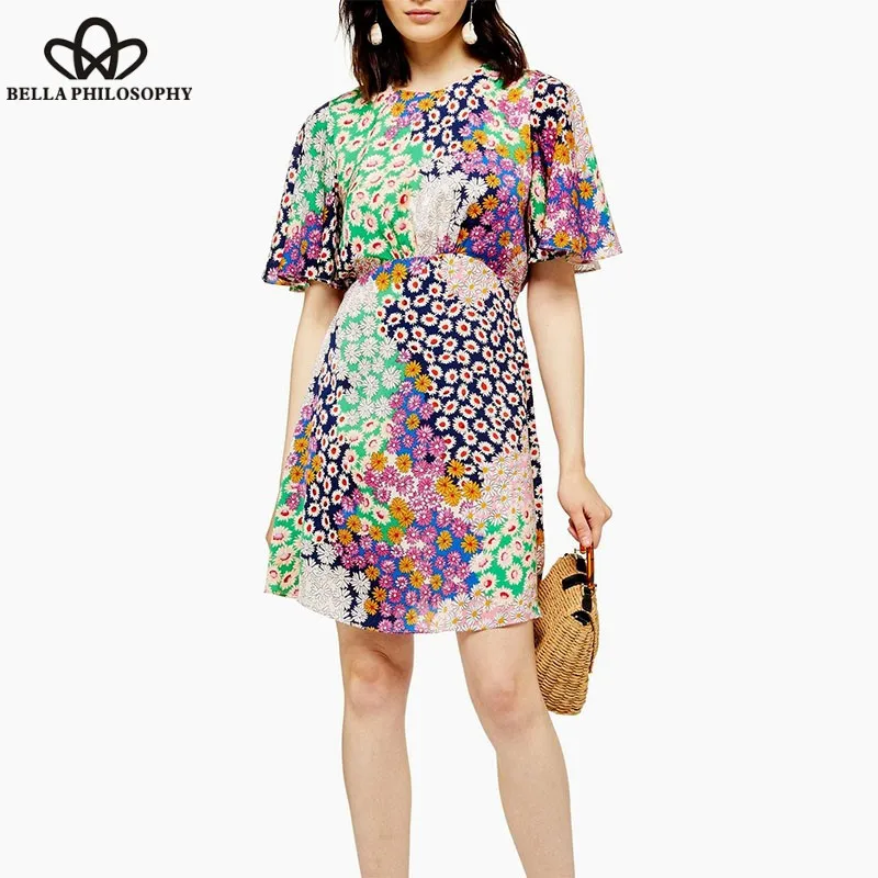 Women Summer Short Flare Sleeve Mini Dress Vintage Print Floral Backless Boho Dress Casual Holiday Lady Beach Dress Wonder Store