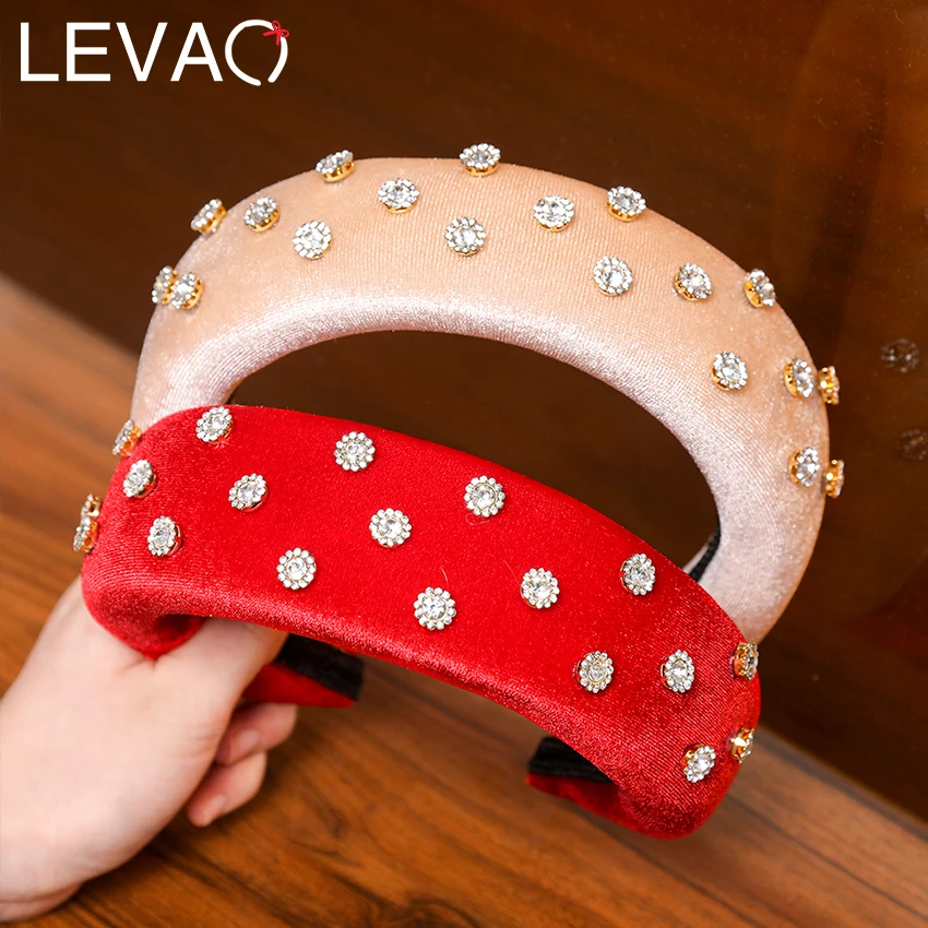 Levao широкая Толстая бархатная повязка на голову для женщин элегантные цветочные резинки для волос со стразами для девочек губка лента для волос сплошной цвет обруч для волос