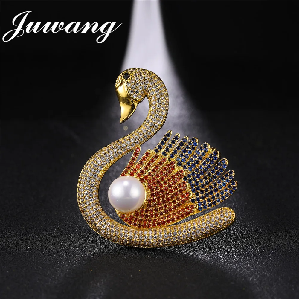 

JUWANG Brand Swan Brooches Pins for Women Wedding Broches Lovely Animal multicolor Cubic Zircons Imitation Pearl Brooch Gift