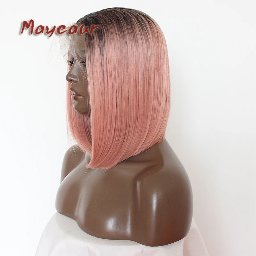 

Maycaur Ombre 1B/Pink Soft Silky Straight Short Bob Wigs Heat Resistant Synthetic Lace Front Wigs For Black Women With Baby Hair