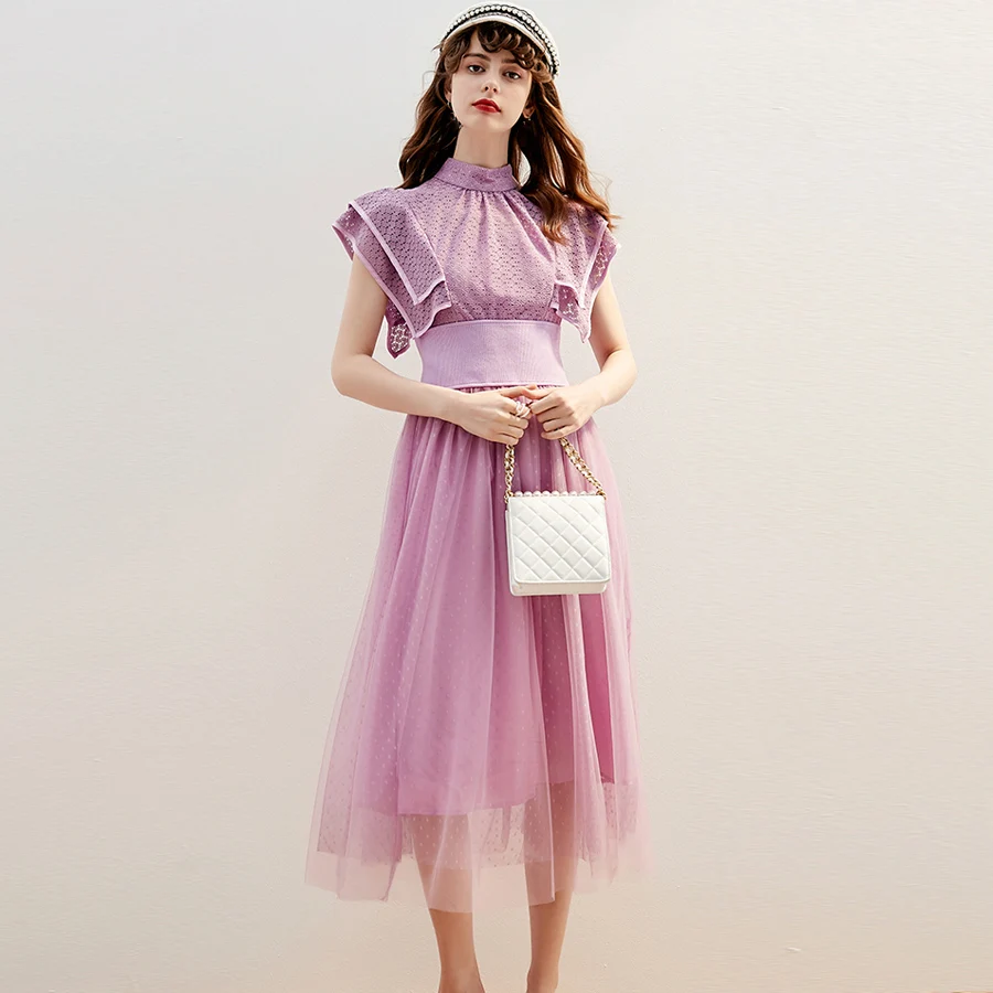 

VERDEJULIAY Runway Lace Dress Summer 2019 High Quality Women Ruffles Purple Hollow Out Pearls Button Mesh Embroidery Long Dress
