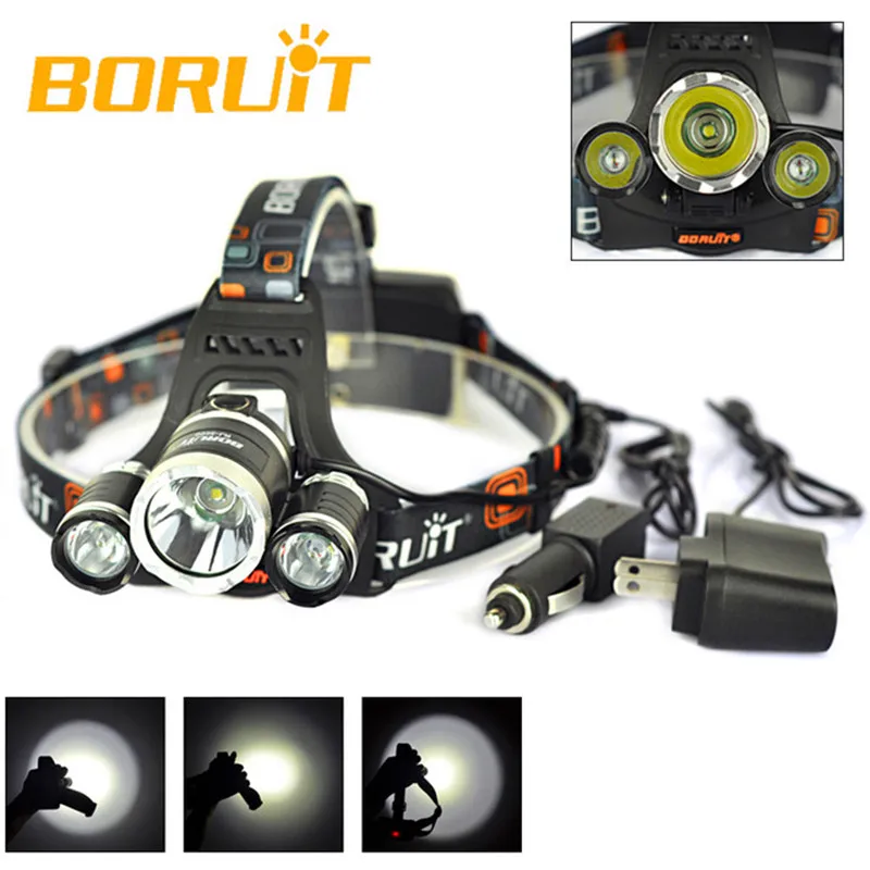 

3 T6 Boruit Headlight 8000 Lumens Linternas Frontales Cabeza Headlamp 4Modes Flashlight Torch Camping Lantern+Ac and Car Charger