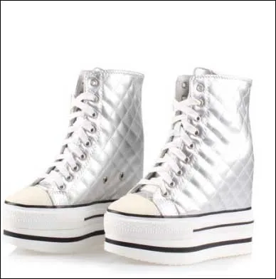 Новое поступление года; стеганые ботинки со скрытым высоким каблуком, увеличивающие рост; ботинки на высокой платформе со шнуровкой; модная женская повседневная обувь; размеры 34-40 - Цвет: silver  style B