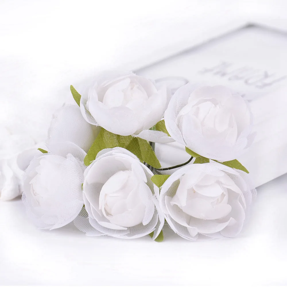 6 шт./лот, марлевая Роза, чай, букет, искусственный цветок для свадьбы, украшение дома, сделай сам, головной убор, венок, скрапбук, подарочная коробка - Цвет: Белый