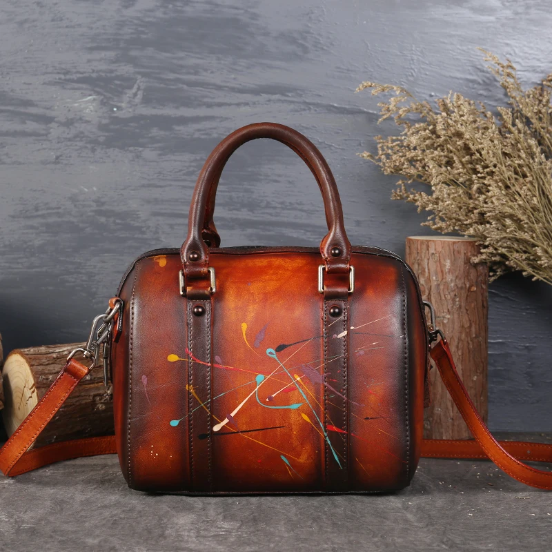

Norbinus 2019 Vintage Genuine Leather Women Handbag Ladies Manual Printing Shoulder Messenger Bag Cowhide Woman Top Handle Bags