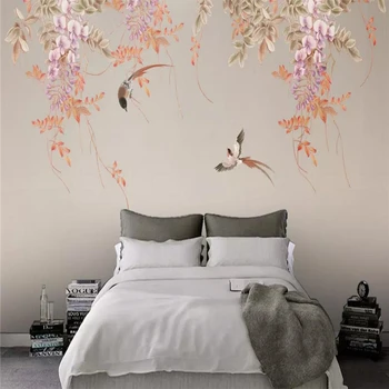 

Wisteria hand-painted flowers and birds fresh leaves background wall