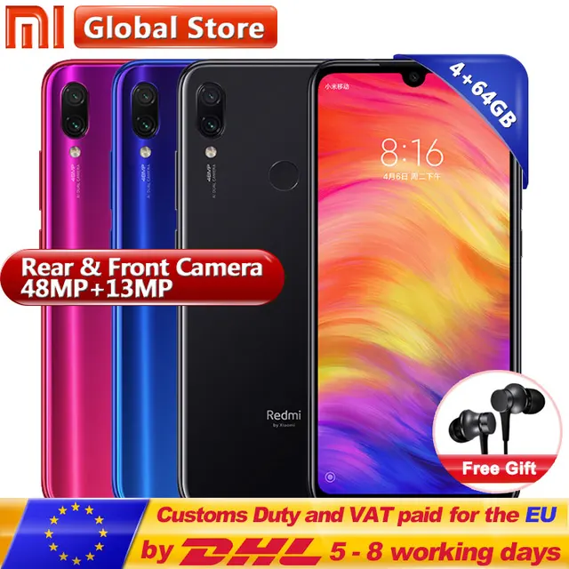 Xiaomi Redmi Note 7 4 GB 64 GB мобильный телефон Snapdragon 660 Octa Core 4000 mAh полноэкранные 6,3 "2340*1080 48,0 + 13,0 Мп смартфон