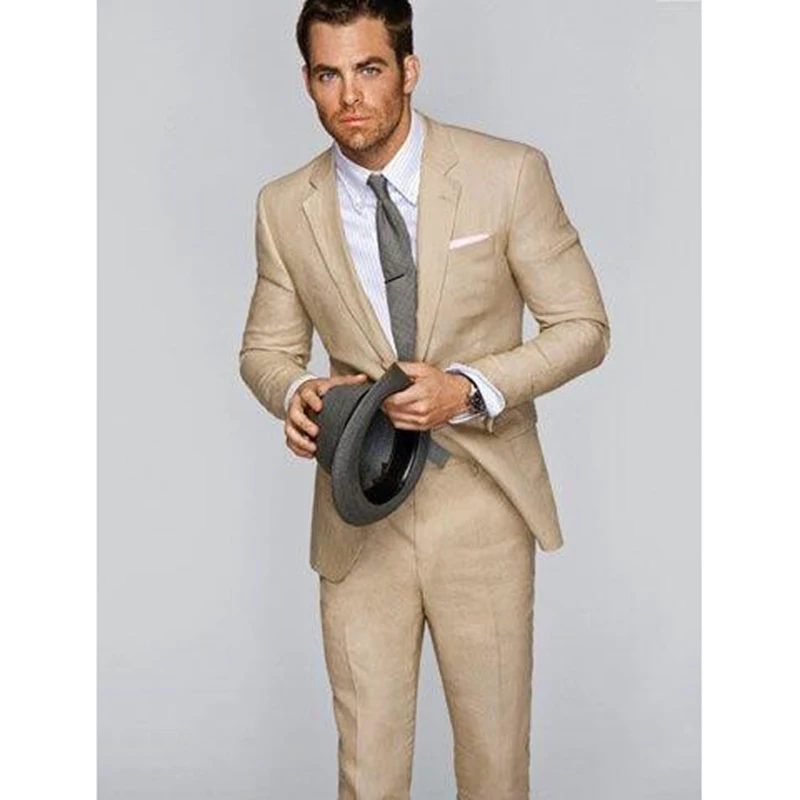 

Khaki Mens Suits For Beach Wedding Groom Tuxedos terno men suit Prom Dinner Male Blazer 2 Pieces Best Groomsman jacket+pants