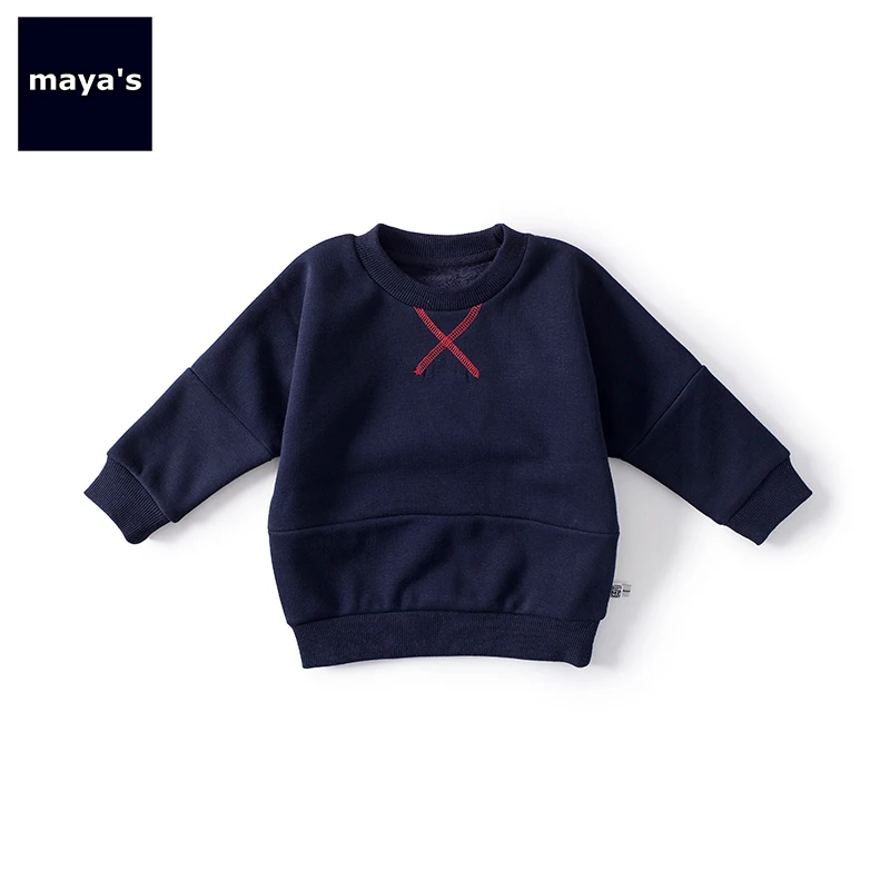 Mayas/модные однотонные хлопковые весенние детские толстовки синие повседневные Мягкие рубашки для мальчиков с круглым вырезом новые теплые детские топы 91107