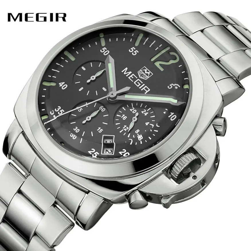 

MEGIR Fashion Dress Watch Men Quartz Clock Cool Black 3D dial 6 Hands Date Display Stainless Steel Strap Waterproof Wristwatch