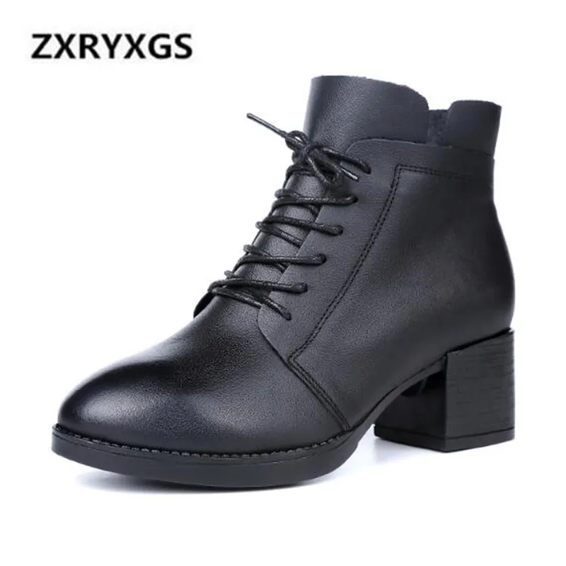 

2018 New Winter Boots Women Lace Cowhide Leather Shoes Ankle Boots for Women Non-slip Plus Velvet Women Boots High Heels 5.5 Cm