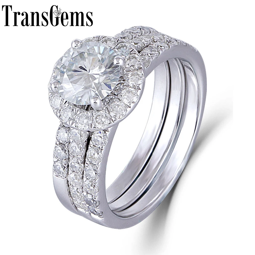 

Transgems Platinum Plated Silver 2.16CTW Center 6.5mm H-I Color Moissanite Halo Engagement Ring Bridal Sets 3 Pieces