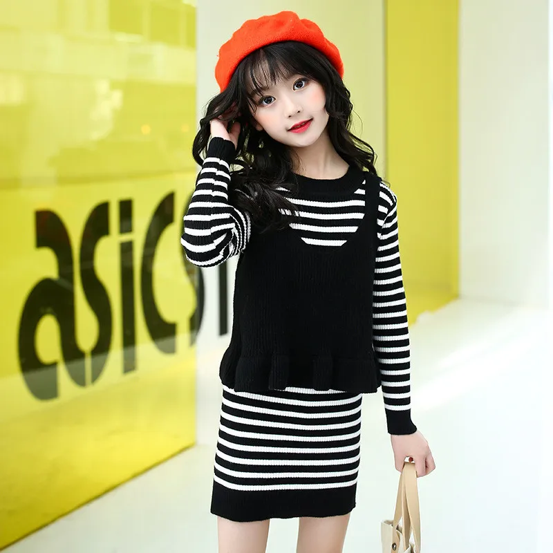 Kids Girls Striped Sweaters Suits Solid Vest Long Sleeve Dress 2pcs