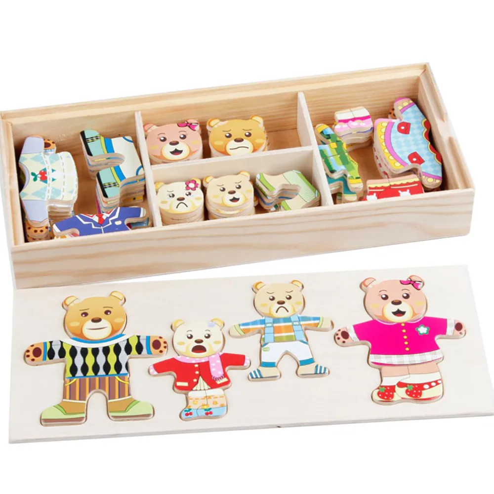 Мультяшный медвежонок, сменная одежда, деревянные пазлы Монтессори, обучающая игрушка для детей, мальчиков и девочек, RE3