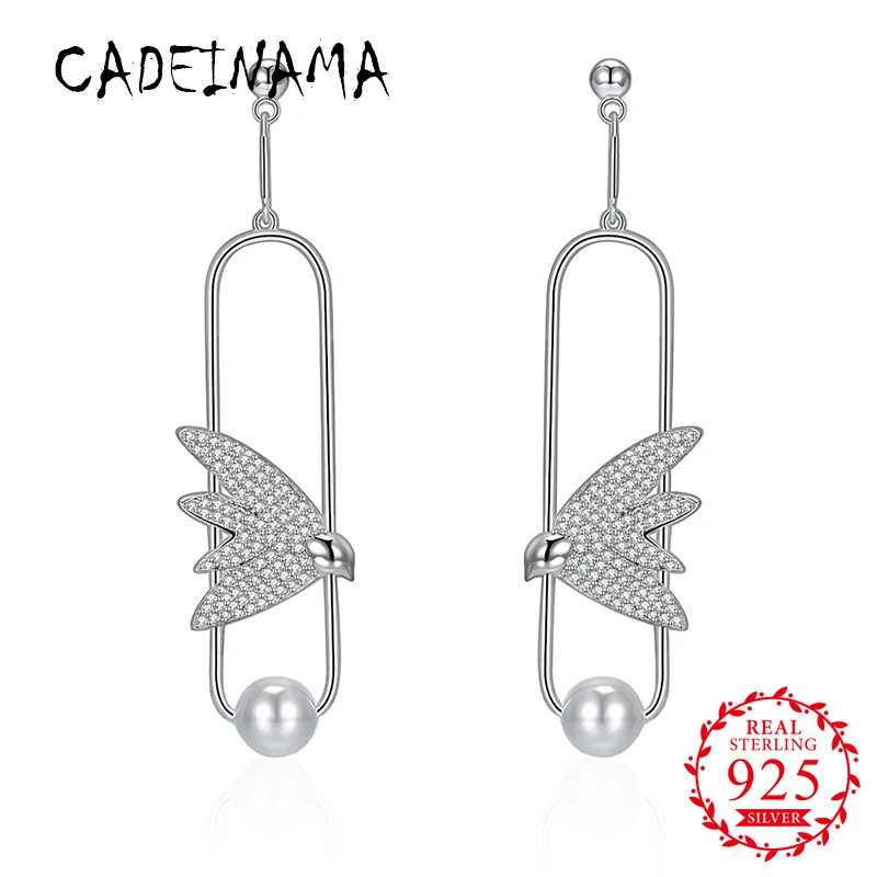 

CADEINAMA Fashion Solid 925 Sterling Silver Drop Earrings Swallow Austria Crystal Luxury Girl Women Fine Jewelry Vintage Office