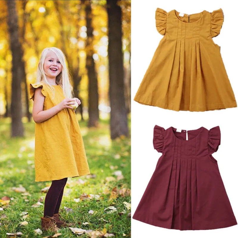 

Solid Cotton Blend Yellow/Red O-Neck Summer Casual Baby Girls Solid Pattern Flare Sleeve Dress Kids Toddler Pageant Sundress New