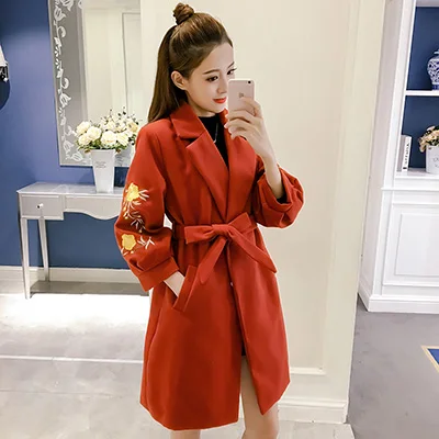Средней длины XL удобное тонкое корейское шерстяное пальто с вышивкой и рукавами-фонариками осенне-зимняя женская новая шерстяная куртка с поясом - Цвет: Red-brown y34