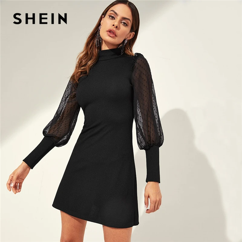 

SHEIN Black Mesh Sleeve Mock-neck Frill Shoulder Keyhole Back Ribbed Knit Tunic Dress Women Autumn Office Ladies Slim Dresses