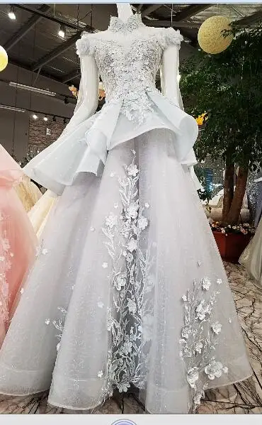 CloverBridal Высокая шея cap рукава длинные синие женские модельные элегантные пикантные Иллюзия Назад со стразами цепи кружева 3D цветы - Цвет: Серый