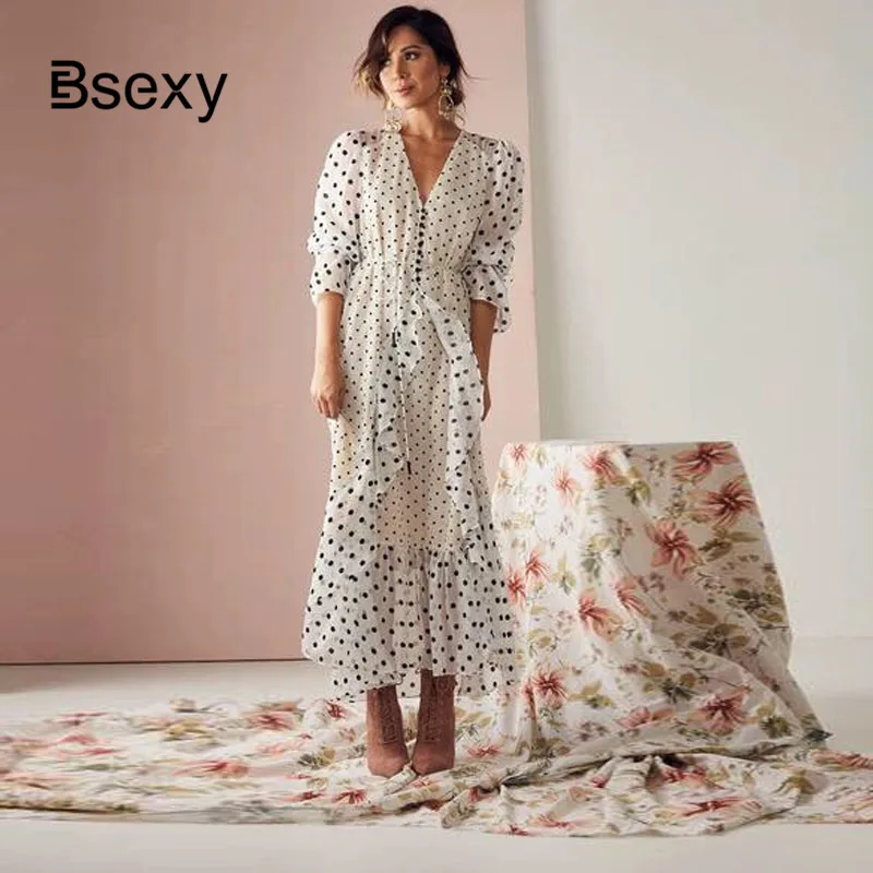 Boho шикарное женское белое платье в горошек 2019 модное v образный вырез рукава