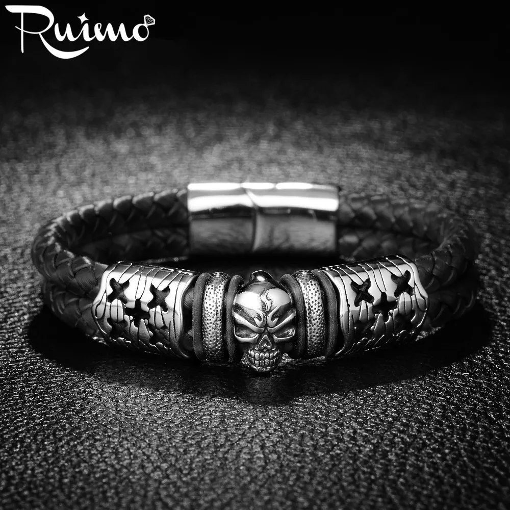 

REAMOR 316l Stainless Steel Male Bracelets Punk Flame Skeleton Head Charms Bracelet Skull Double Braided Leather Bangles Men