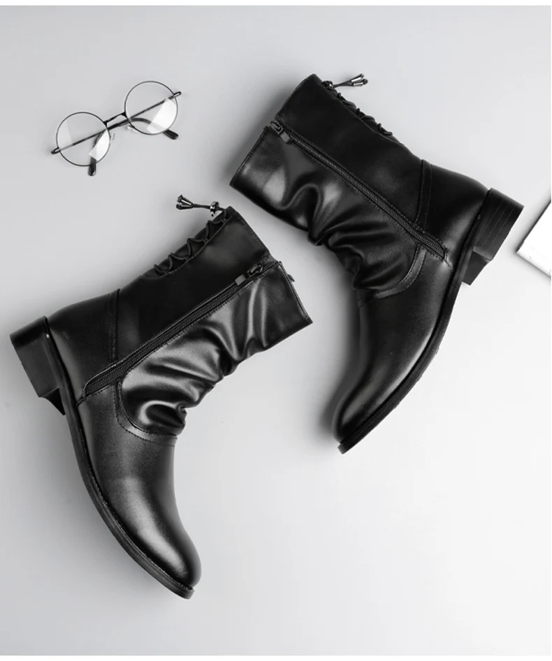 Men's Boots Men Desert Boot Mid-Calf Genuine Leather Boots Men's Zipper Men Winter Shoes Round Toe Motorcycle Boots' Army Black (8)