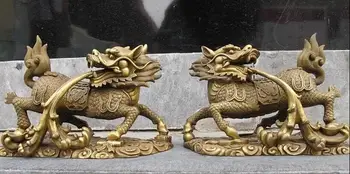 

China pure Brass Foo Dog Lion Dragon Kylin Evil spirit beast Chi-Lin pair