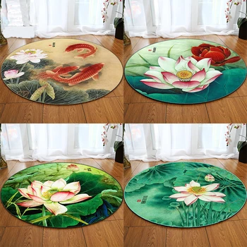 

Fashion Chinese Style Rugs Green Leaf Lotus Flower Animal Carp 3D Pattern Living Room Rug Trend Bedroom Yoga Round Carpet