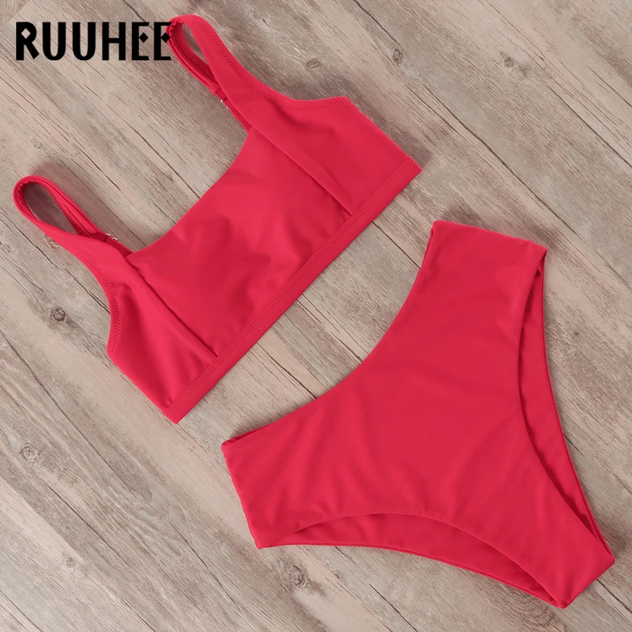 Billig RUUHEE Bademode Frauen Bikini 2019 Badeanzug Hohe Taille Bikini Set Push Up Sport Tops Badeanzug Frauen Sommer Weibliche Strand tragen