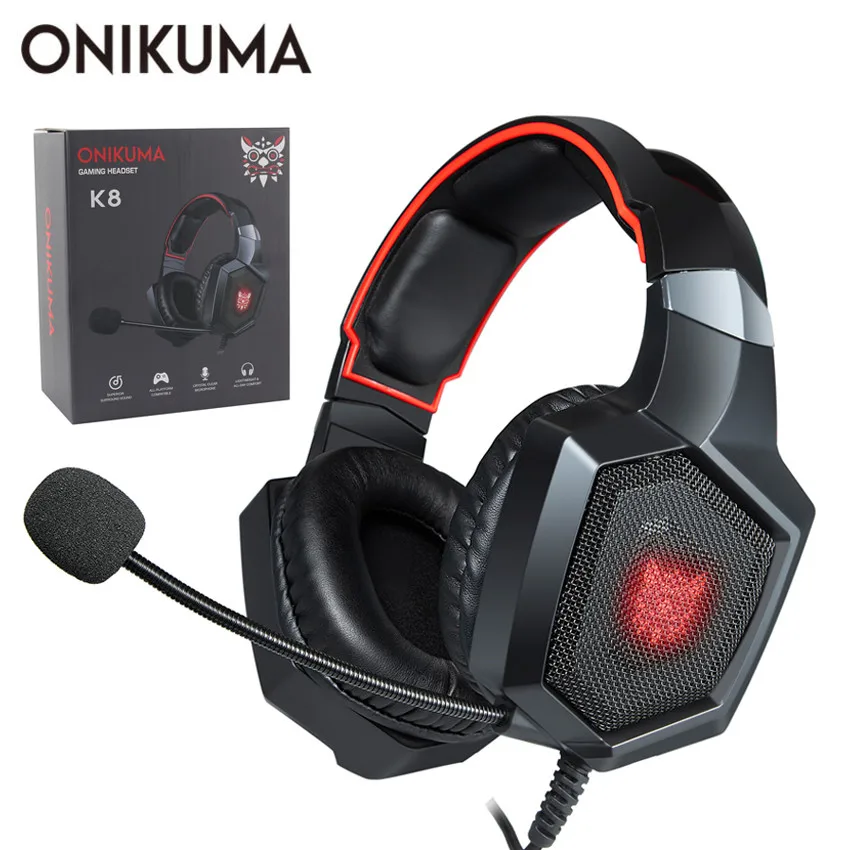 ONIKUMA K8 PS4 игровая гарнитура с микрофоном светодиодный шлем PC стерео наушники с гарнитурой для ноутбука планшета/ Xbox One - Цвет: Red with Retail Box