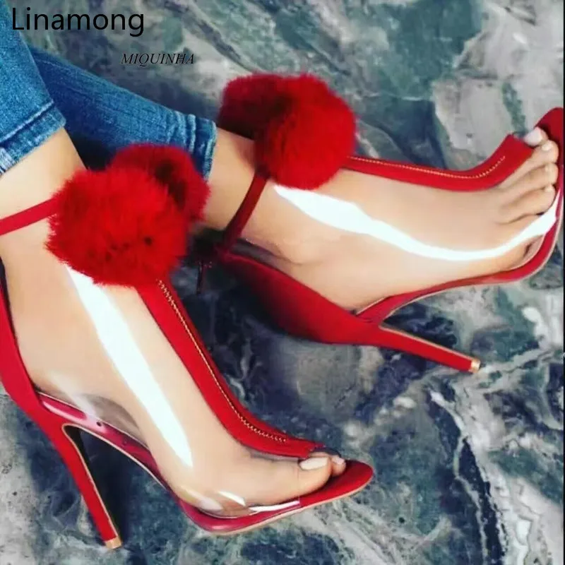 Rouge D'été Vente Pvc De Boule Talons Haute Mode Pompes Ouvert Femmes Chaussures Laine Peep Décoration Zippée Chaude Toe Transparent FwFqPf
