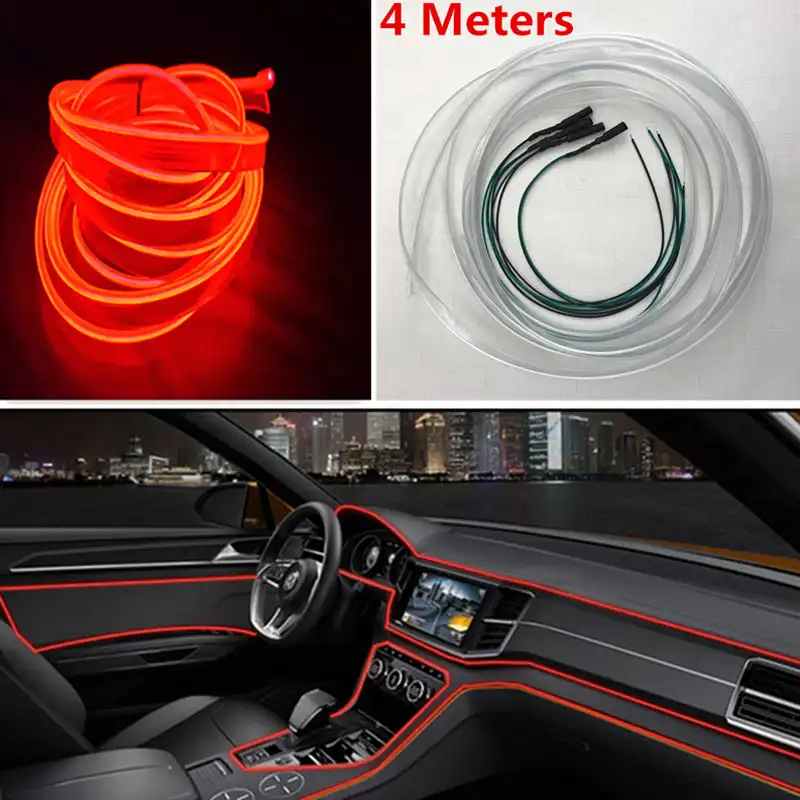 Universal 4m 12v Led Optical Fiber Light Indoor Flexible Car Interior Decorative Strip Lamp Dash Trim Moulding Blue Or Red Led