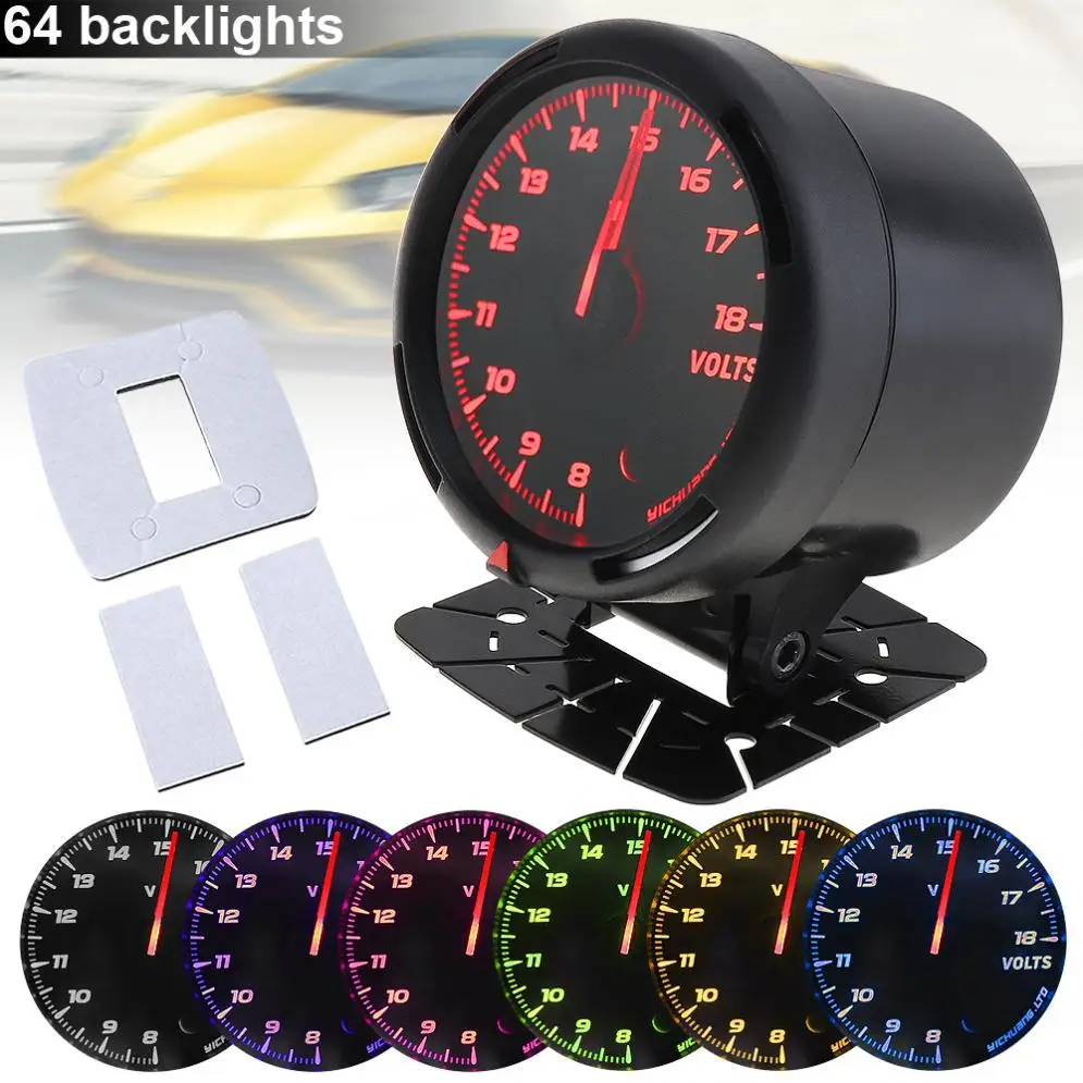 

Universal Silvery 60MM 12V 8~18V 64 Backlights LED Electrical Car Volt Voltage Gauge Meter with Voltage Sensor