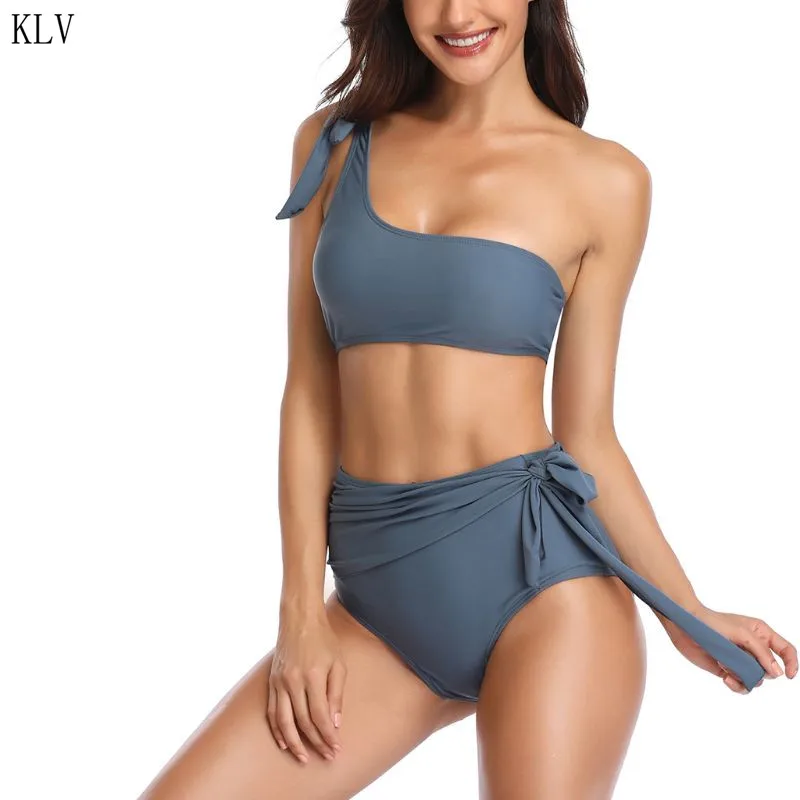 

Womens Sexy Bikini Set Tie Knot One Shoulder Bandeau Crop Top Solid Color Swimsuit High Waist Pleated Belted Thong Bathing Suit