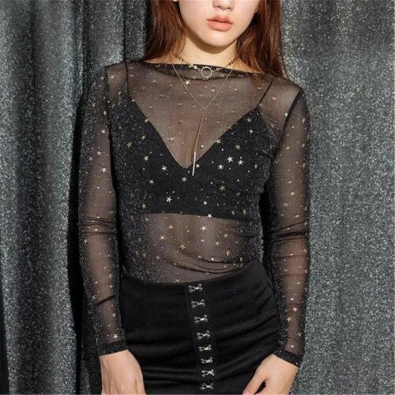 

Sexy Women's Knit Fabric Transparent Mesh Long-Sleeved Slim Shirt Round Neck Tight Casual Gold Star Bright Print Pattern Shirt
