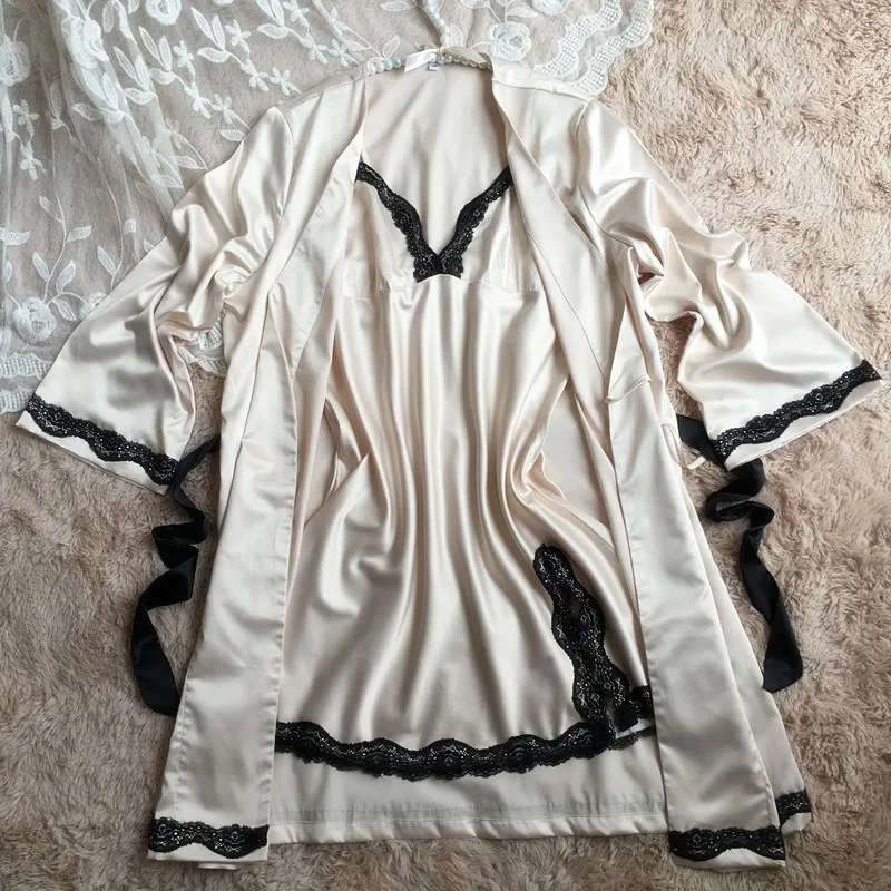 Модный кружевной дизайн, женская ночная рубашка+ халат, комплект из двух предметов для сна и отдыха, роскошное Сексуальное Женское ночное белье, шелк, сатин