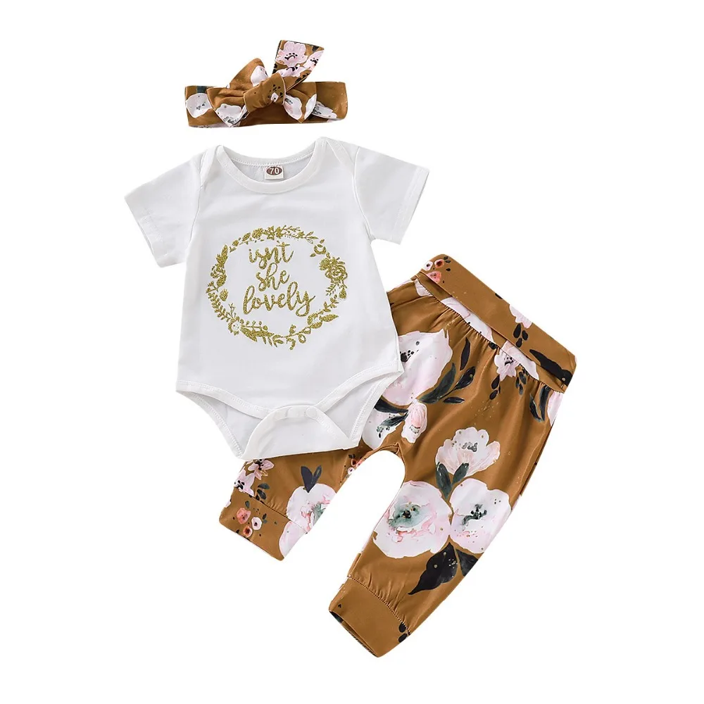 Комплекты одежды для новорожденных девочек; топы; комбинезон; штаны с цветочным принтом; повязка на голову; комплект из 3 предметов; милый комплект одежды