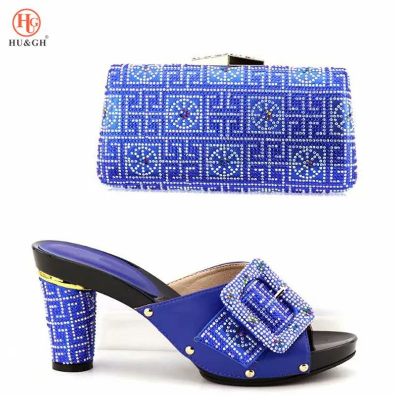 

New 2018 Italian Matching Shoes and Bag Set Decorated with Rhinestone Royal Blue Color African Shoe and Bag For Wedding Party